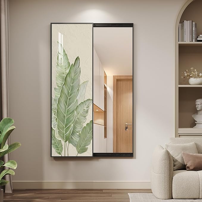 Framed Sliding Wall Mounted Full Length Mirror, Large Vertical Modern Minimalist Green Botanical Print Mirrors Artwork for Walls, Full Body Mirror for Living Room, Bedroom, Hallway, Entryway, 16X52 In