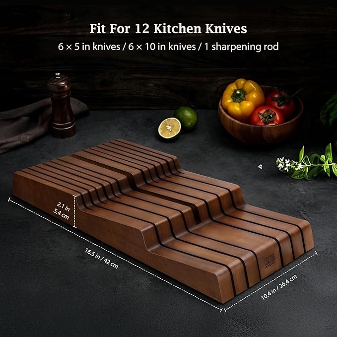 HOSHANHO In-Drawer Knife Block, Large Bamboo Knife Drawer Organizer for 12 Knives, Kitchen Steak Knife Holder for Sharpening Steel, Brown (Knives & Sharpening Not Included)