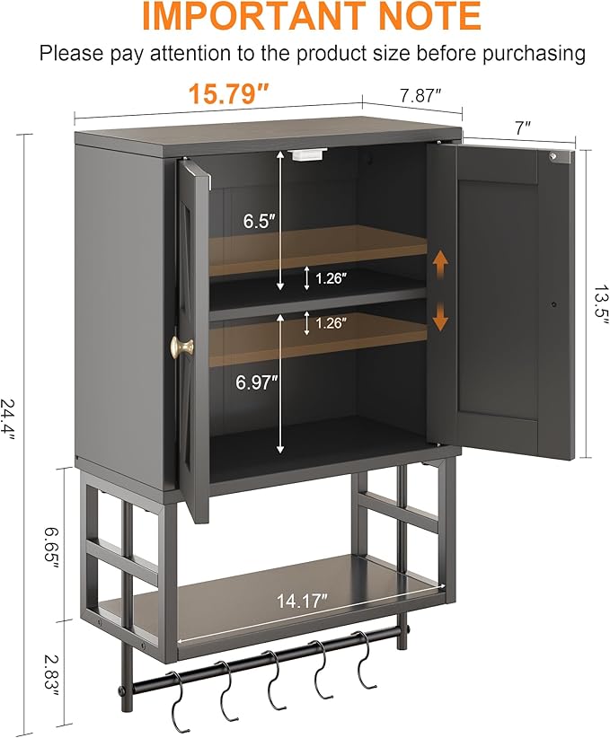 Farmhouse Medicine Cabinet - 3-Tier Wall Mounted Storage Organizer with Adjustable Shelves, Towel Bar, 5 Hooks for Small Bathroom, Laundry Room, Over Toilet, Living Room, Bedroom, Black