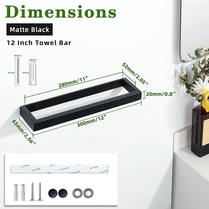 Alise Hand Towel Holder,12 Inch Towel Bar for Bathroom Wall Mounted,Towel Hanger Towel Racks for Bathroom and Lavatory,SUS304 Stainless Steel Towel Rail Matte Black