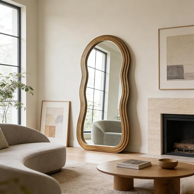 Wavy Full Length Mirror, 67"x31.5" Organic Floor Mirrors with Triple-Layer Solid Wood Frame, Large Irregular Aesthetic Mirror for Living Room Entryway Hallway Cloakroom, Leaning/Hanging