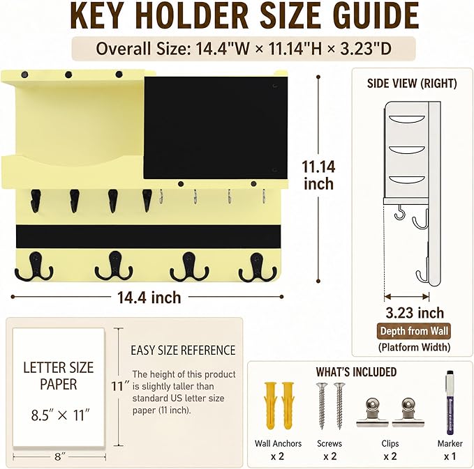 Key Holder for Wall Mount with Shelf and Mail Organizer, Key and Mail Holder with 16 Hooks, Farmhouse Entryway Organizer, Home Decor Rack(Pine Wood,Ivory Yellow)