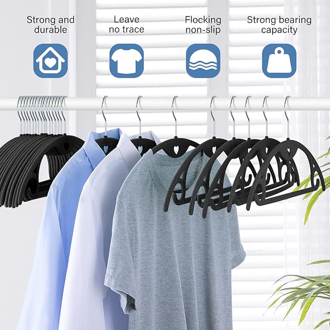 Velvet Hangers 50 Pack: Felt Clothes Hangers Heavy Duty Shirt Sweater Hangers No Shoulder Bump Non Slip Slim Thin Coat Hangers for Closet - Black