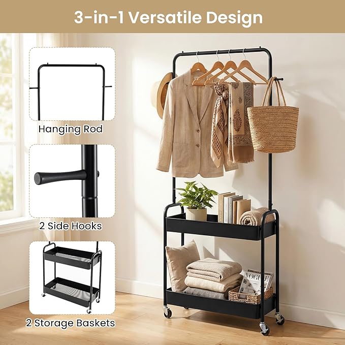 LDAILY Small Rolling Clothes Rack, Heavy Duty Clothing Rack with 2 Baskets, 4 Wheels for Hanging Clothes & Storage, Multi-Purpose Portable Closet for Bedroom, Living Room, Laundry, Small Space (Black)
