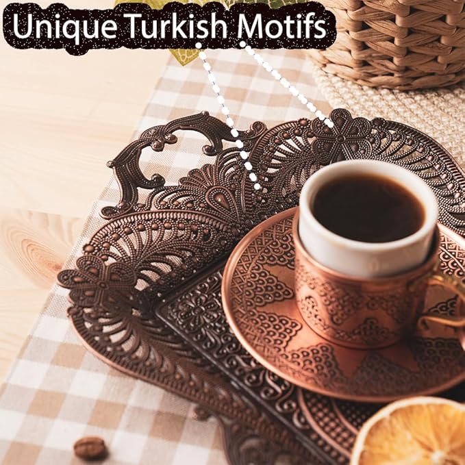 Small Antique Turkish Tea Coffee Serving Tray Table Decor Decorative Handles - Antique Moroccan Home Kitchen Rustic Copper Farmhouse Brass Rectangular Bar Arabic Fancy Candle Vintage Decor Style Tray