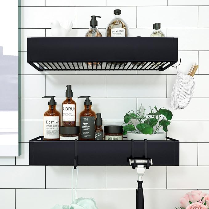Shower Caddy, Adhesive Shower Organizer with Hooks, Shower Shelves for Inside Shower, No Drilling Shower Rack Holder, Shower Storage for Bathroom, Kitchen Spice Rack-2 Pack Black