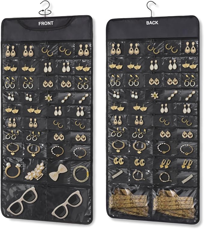 FOREGOER Hanging Jewelry Organizer Storage with 88 Zippered Pockets,Dustproof Foldable for Travel,Double-Sided Accessories Organizer Holder for Earring Necklace Ring on Closet Wall Door(Black,1 Pack)
