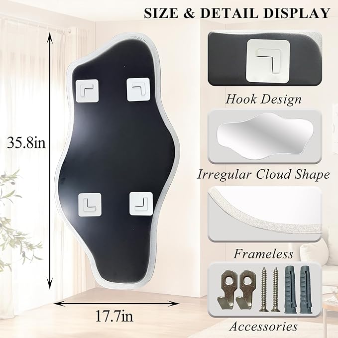 Irregular Frameless Mirror, 35.8"x17.7" Silver Asymmetrical Tempered Glass Mirror, Modern Abstract Wall Mirrors for Living Room Bedroom Hallway Entryway, Horizontal or Vertical Hanging