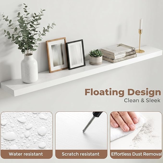 Venusmiles Floating Shelves for Wall, 55 Inch Floating Shelves Set of 2, 6.5" D Wooden Wall Mounted Display Shelves with Invisible Brackets for Living Room, Bedroom, Bathroom, Kitchen Decor, White