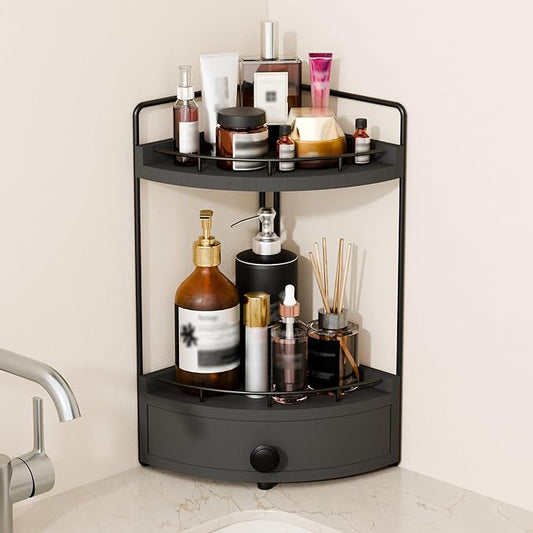 2-Tier Corner Bathroom Countertop Organizer with Drawer, Wooden Vanity Organizers for Makeup and Skincare Storage, Corner Counter Shelf with Embedded Screw Holes, Black