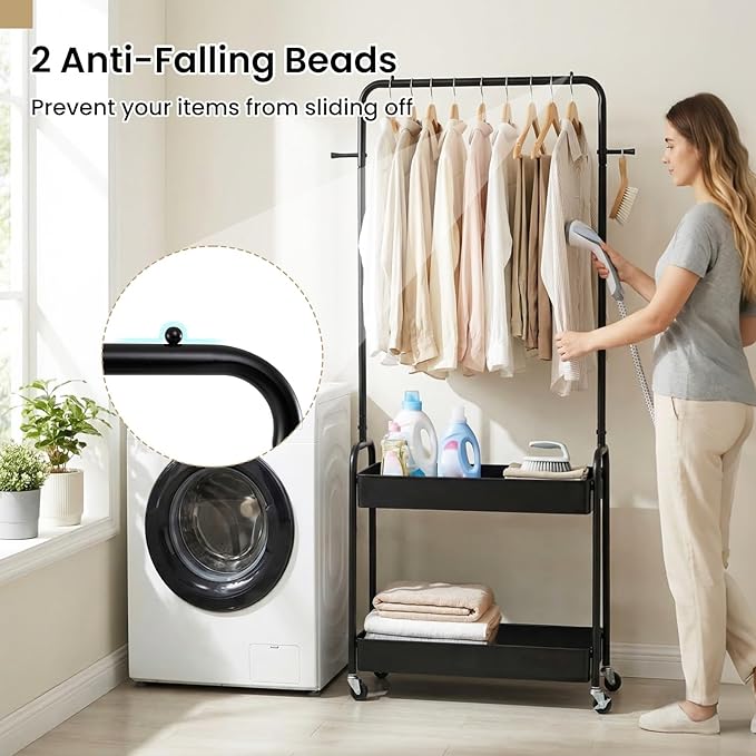 LDAILY Small Rolling Clothes Rack, Heavy Duty Clothing Rack with 2 Baskets, 4 Wheels for Hanging Clothes & Storage, Multi-Purpose Portable Closet for Bedroom, Living Room, Laundry, Small Space (Black)