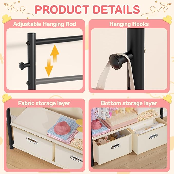 Kids Clothes Rack with 2 Tier Storage Racks and 2 Adjustable Hanging Poles, Small Baby Closet Organizer for Hanging Clothes, Kids Dress Up Rack (Upgrad, Black)