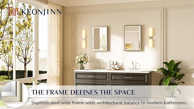 Keonjinn 16" x 24" Brushed Nickel Framed Mirror, Silver Bathroom Mirrors Beveled Edge, Decorative Aluminum Alloy Frame, Tempered Glass, Shatterproof, Modern Farmhouse Rectangular Mirror for Hallway