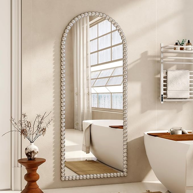 28"x71" Silver Arched Full Length Mirror, Vintage Beaded Decorative Floor Full Body Dressing Mirror as Room Decor Hanging Leaning Standing for Living Room, Bedroom, Vanity Area