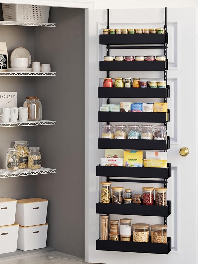 Narrow Over The Door Pantry Organizer, 8-Tier Metal Pantry Door Organization and Storage for Easy Instal, Hanging Spice Rack Shelves Door for Kitchen Pantry Door Organizers and Storage, Black
