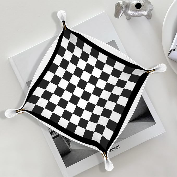 Black and White Checkered Jewelry Valet Tray for Men, Checkered PU Leather Catchall Beside Caddy Nightstand Organizer Tray for Jewelry Rings Watches and Accessories, 7.87x7.87in