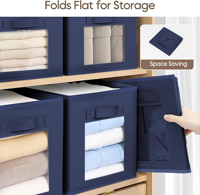 Homsorout Storage Cube 11 Inch - Cube Storage Bins with Window, Closet Storage Baskets with Handle, Fabric Bins for Closet, Shelves, Toys, Clothes, Set of 16, Navy Blue