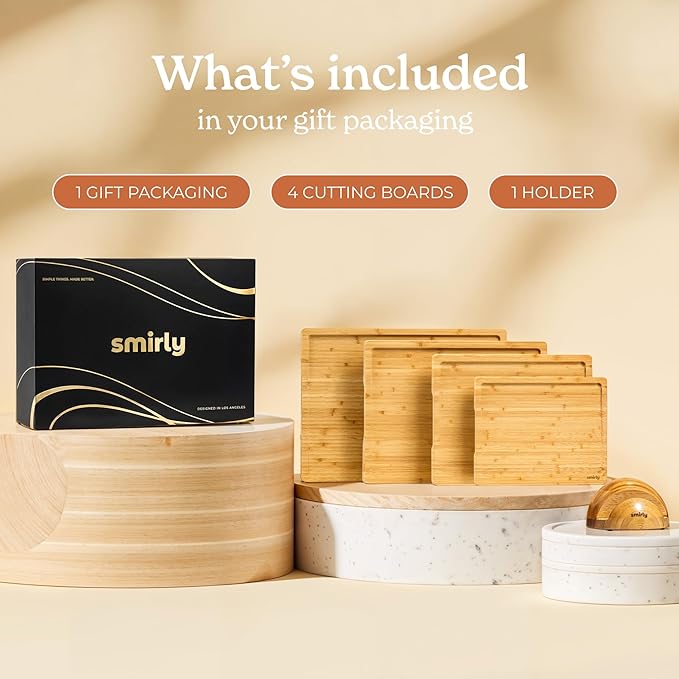 SMIRLY Bamboo Cutting Boards for Kitchen - Wood Cutting Board with Handle and Juice Groove for Meal Prep, Charcuterie - Kitchen Gadgets - Wooden Chopping Board Set of 4 with Holder - Natural Bamboo
