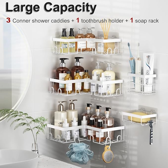 Liuoud Corner Shower Caddy 5 Pack, Rustproof Stainless Steel Shower Organizer with Soap Rack Toothbrush Holder, Large Capacity Adhesive No Drilling Bathroom Kitchen&Home Decor Set, White