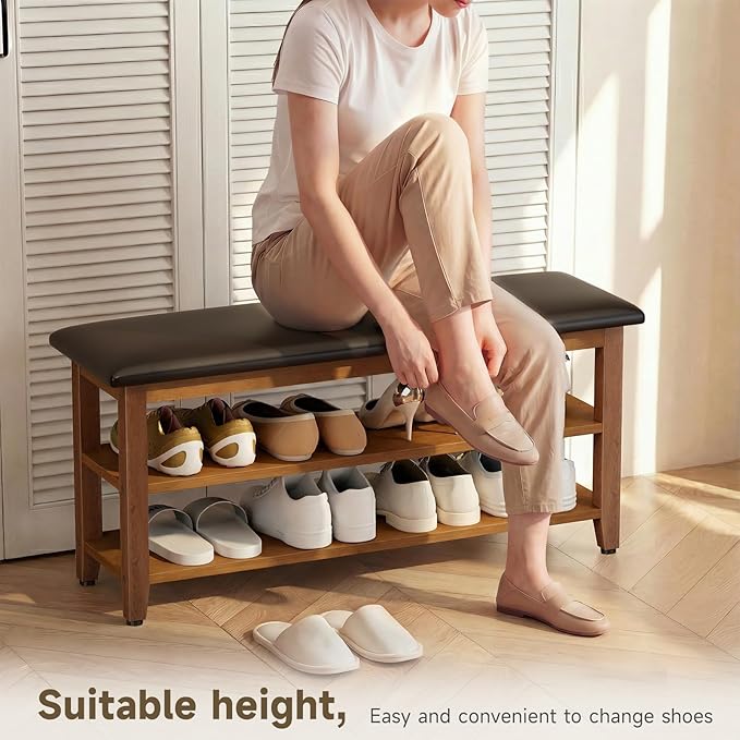 Shoe Bench with Leather Cushion,Wood Bench with Shoe Rack,2-Tier Shoe Storage Organizer for Entryway,Hallway,Living Room (2-Tier-39.4", Rubberwood)
