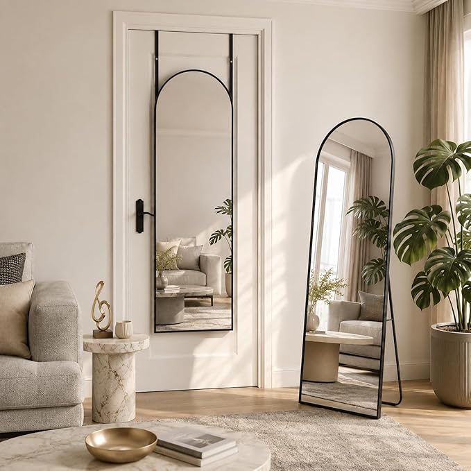 Full Length Mirror with Stand, 56"x14" Arched Full Body Mirror, Large Stand Up Aluminum Frame Floor Freestanding Hanging Leaning Mounted for Bedroom Living Room Entryway Black