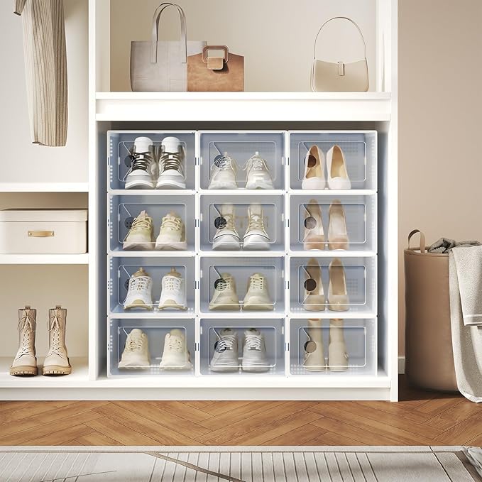 OLIXIS X-Large Shoe Storage Boxes, 12-Pack Clear Stackable Shoe Organizers with Lids, Sneaker Display and Storage Containers for Closet, Under Bed, Entryway, White