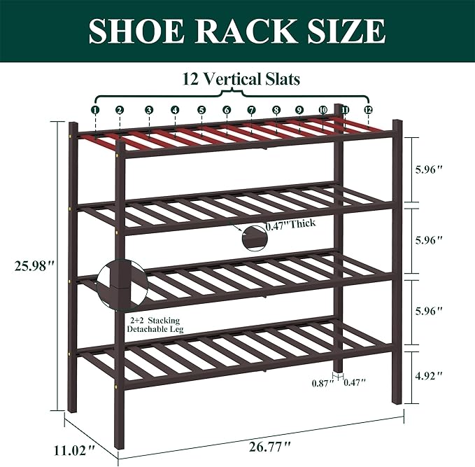 Smiry Bamboo Shoe Rack, 4 Tier Free Standing Wooden Shoe Organizer, Stackable Wood Shoe Storage Shelf for Closet, Entryway, 12 Vertical Slats, 2+2 Stack Standard Legs, 26.8"x11"x26", Brown