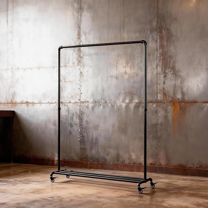 Industrial Pipe Clothing Rack with Wheels,Heavy Duty Rolling Garment Rack,Metal Clothes Rack with Bottom Storage Shelf,Mobile Clothing Rack for Hanging Clothes for Bedroom Laundry Room Boutique