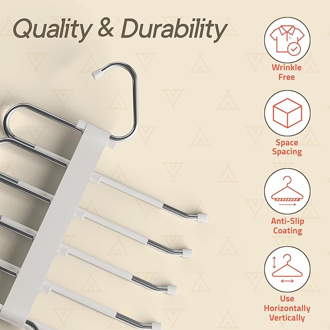 Campior Space Saving Pants Hangers 2 Pack, 6 Layer Jeans Hangers and Closet Organizer for Jeans, Scarves, & Skirts, Multi-Layer Hanger with Anti-Slip Stopper, Heavy-Duty S-Type Stainless Steel, White