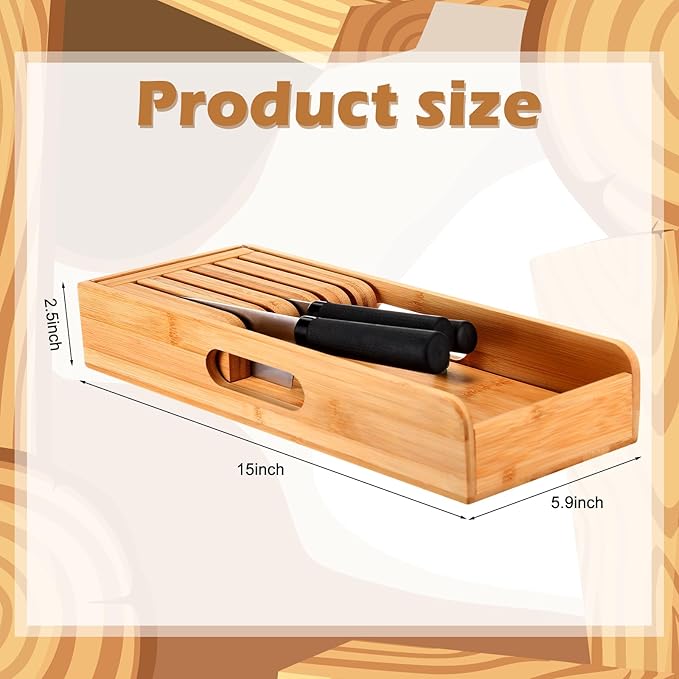 Baderke Bamboo Kitchen Drawer Organizer, Knife Drawer Organizer Drawer Dividers for Kitchen Utensils and Storage Knives Kitchen Steak Knives Holder Organizers Block Insert Dock for Drawer in Storage