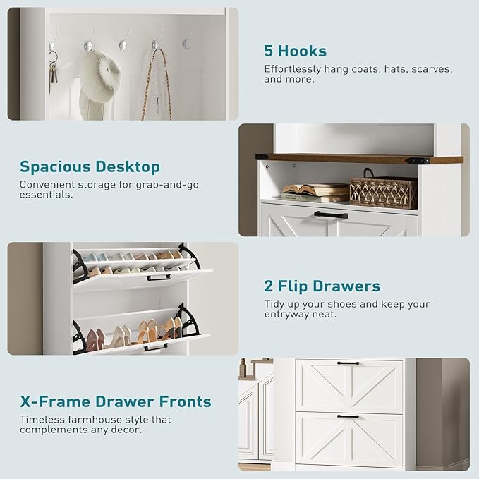 Farmhouse Shoe Cabinet with Coat Rack, Tall Shoe Cabinet with 2 Flip Drawers, Narrow Hidden Shoe Storage Cabinet, 2 in 1 Hall Tree Slim Freestanding Shoe Rack Organizer for Entryway, LED Light, White