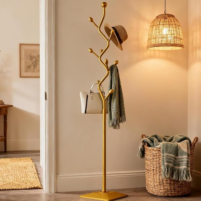 Coat Rack Freestanding gold Coat Tree with 8 Hooks, Creative Design Tree Branch-look, Standing Coat Rack Coat Hanger Stand with Stury cast iron Base for Entryway, Hallway, Bedroom (gold)