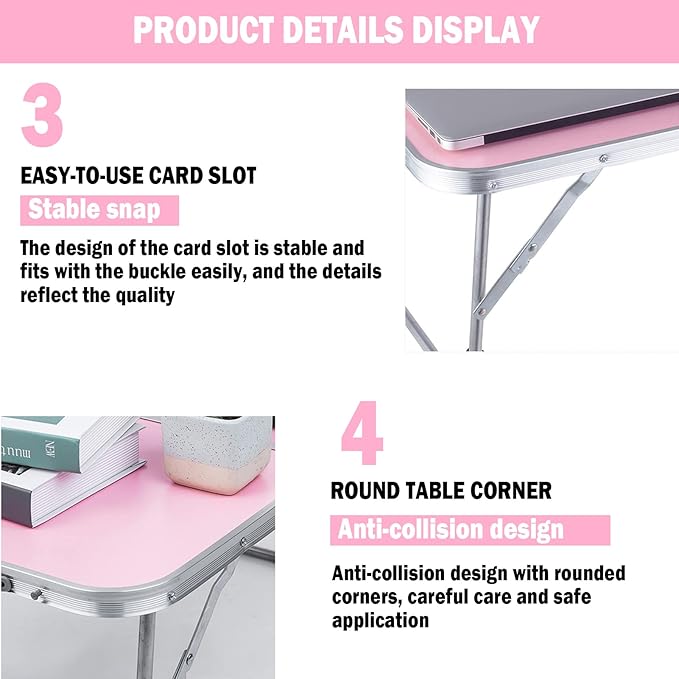 Portable Folding Table - Small Outdoor Folding Table, Suitable for Travel, Camping, Beach, Barbecue, Picnic, Party, Patio (Pink)