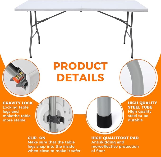 Lakhow 6 FT Folding Table,Outdoor Indoor Plastic Table Portable Square Height Dining Table Perfect for Picnics, Parties, Party and Camping, White