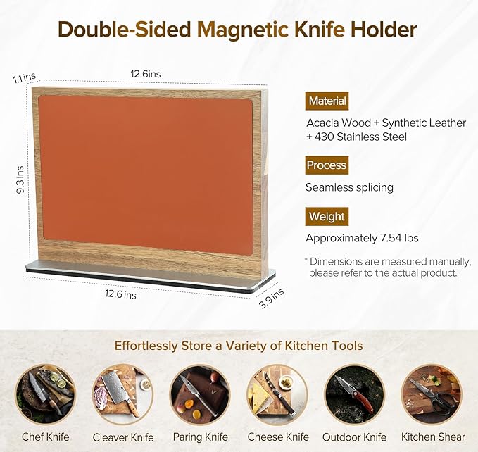XINZUO Double Sided Magnetic Knife Rack (12.6 X 4 X 9.3inches)-Natural Acacia Wood Stand With Dual-Tone Leather Upholstery,Raw And Cooked Knife Storage Zones，430 Stainless Steel Base