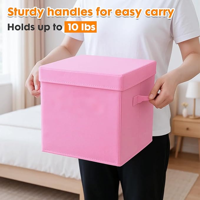 ShellKingdom Storage Bins, Foldable Fabric Storage Cubes with Lid, Clothes Storage Organizer Drawer For Closet Toys Storage, 13 X 13 X 13 INCH, 2 Pack (Pink)