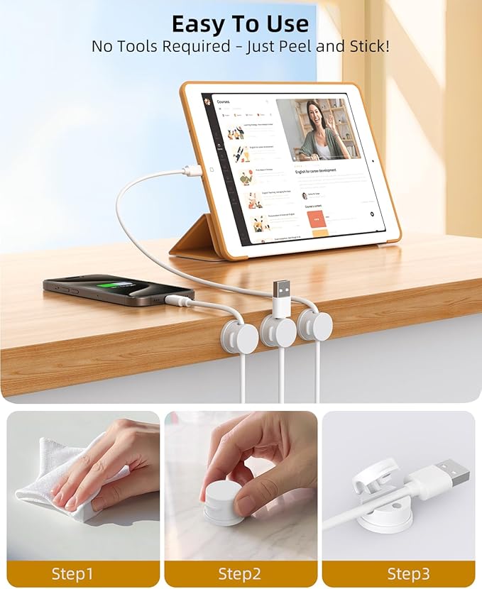 Swiveling Cord Holder, Magnetic Cord Organizer, Inchor Cable Organizer for Desk, 6 Pack Cable Clips for Nightstand, Adhesive Cable Holder Cable Management Clips for Car Home Office (White)