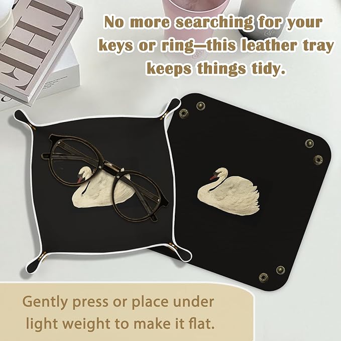 Vintage Swan Leather Jewelry Valet Tray, Antique Classical Elegant Swan PU Leather Catchall Beside Caddy Nightstand Organizer Tray for Jewelry Rings Watches Keys and Accessories, 7.8x7.8inch