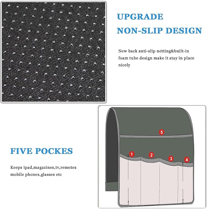 Armrest Organizer Non Slip Remote Control Holder Arm Chair Couch Caddy For Recliner Sofa Bedside With 5 Pocket Storage for Tablet Phone iPad (Coffee, W13" x L33")