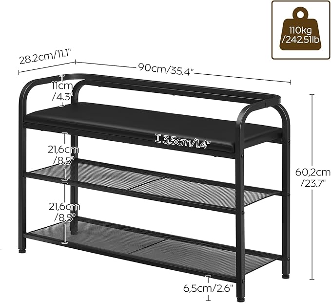 YATINEY Shoe Bench with Backrest, Entryway Bench, 2-Tier Shoe Rack with PU Padded Seat, Upholstered Shoe Storage Bench with Back, for Hallway, Entryway, Foyer, Bedroom, Black HX14BB
