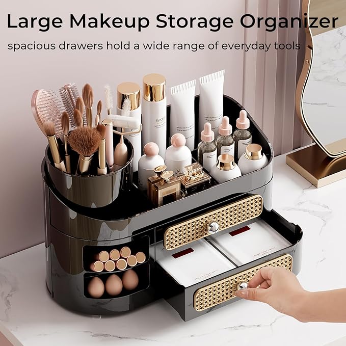 UFORU Makeup Organizer with Rotating Brush Holder, Bathroom Countertop Organizer with 2 Drawers, Easy to Store Hair Brush, Lipsticks, Perfumes, Skincare, Black