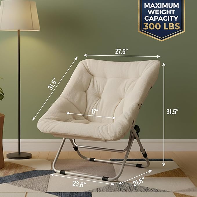 Tiita Comfy Folded Chair, Soft Faux Fur Oversized Folding Accent Chair, Lazy Chair for Teens Adults, Metal Frame Moon Chair for Bedroom, Living Room, Dorm Rooms