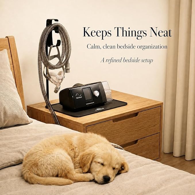 CPAP Protector Mat & CPAP Hose Holder – Insulate Hose Cover - Bedside CPAP Accessories Organizer with Hook for Mask & Tubing, Keeps Your Setup Neat, Tidy & Ready Every Night (Extra Tall)