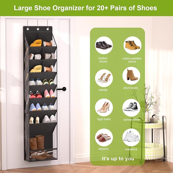 Over the Door Shoe Organizer, Hanging Shoe Rack for Closet with 16-20 Pairs Capacity, Foldable Storage for Shoes, Boots, Sneakers, for Dorm Room, Apartment, Small Spaces（Black
