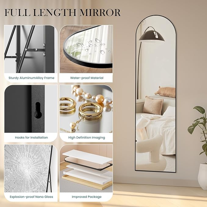 NEWBULIG 59.1"x15.7" Arched Full Length Mirror, Full Body Floor Mirror with Aluminum Alloy Thin Frame, Wall or Standing Mirror for Bedroom, Living Room, Dressing Room, Black