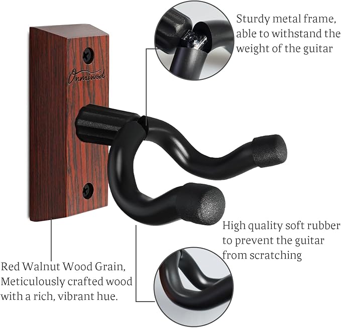 Guitar Wall Mount 2 Pack, Carbonized Red Hardwood Guitar Hanger, U-Shaped Guitar Wall Hanger Mount, Guitar Holder Wall Hook for Acoustic, Electric Guitar, Banjo, Bass, Gift for Men Boy