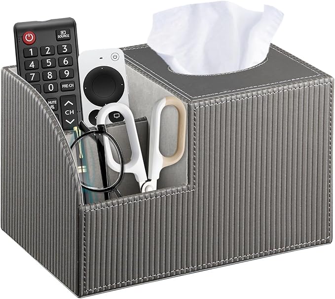 Square Tissue Box Cover with Storage, PU Leather Cube Tissue Box Holder, Remote Control Nightstand Organizer, Modern Desk Caddy for End Table, Bathroom, Bedroom, Home, Office Decor
