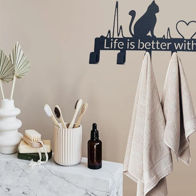 Key Holder Wall Mount with 6 Hooks, Cute Cat Key Rack Organizer for Entryway, Kitchen, Office - Rustproof, Waterproof - Easy Installation,Gift for New Homeowners - 9.8inch/25cm