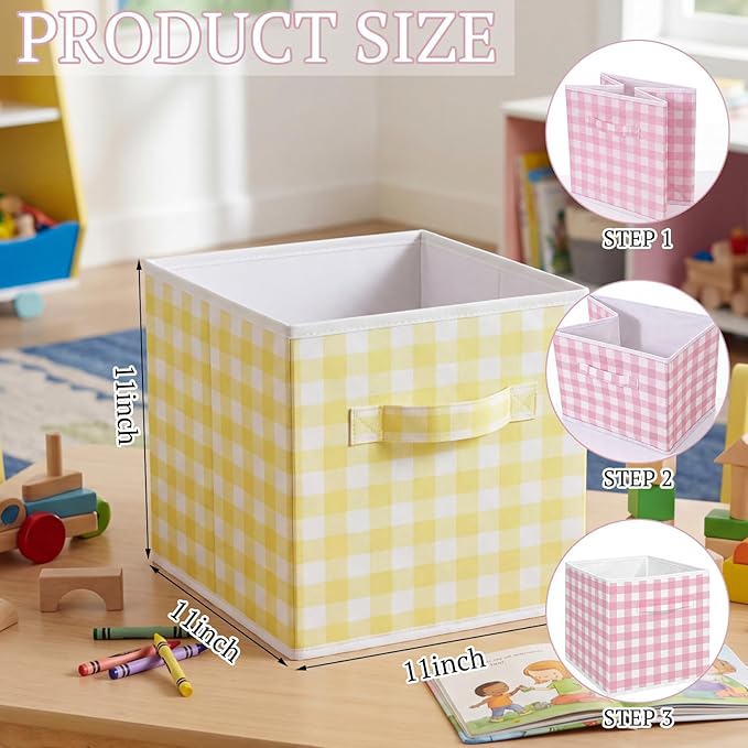 Yalikop 6 Pcs Colorful Checkered Cube Storage Bins, 11 Inch Fabric Gingham Classroom Storage Bins Organizer with Handle Preppy Collapsible Cubby Basket for Classroom Home Nursery Playroom Bedroom