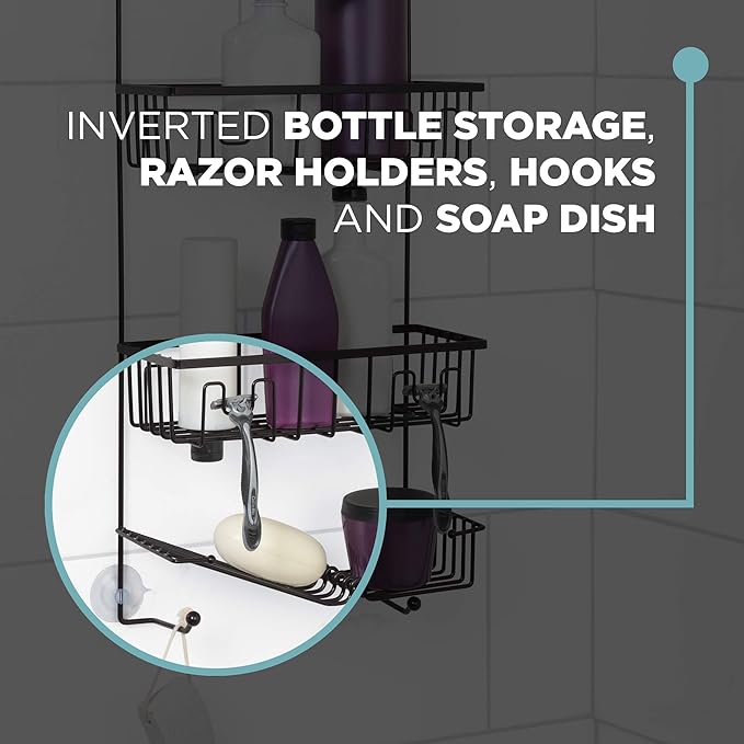Zenna Home Shower Caddy Hanging Bathroom Organizer, Steel Shower Rack with 2 Shelves and Razor Hooks, Rust-Resistant Over Shower Head Caddy Featuring Inverted Bottle Storage, Oil Rubbed Bronze